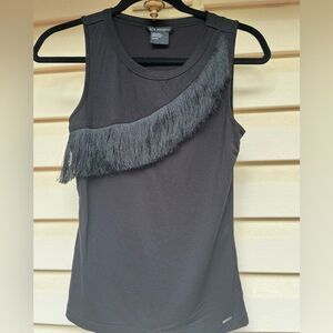 Armani exchange, black, sleeveless blouse, fringe across chest, round neck, XS